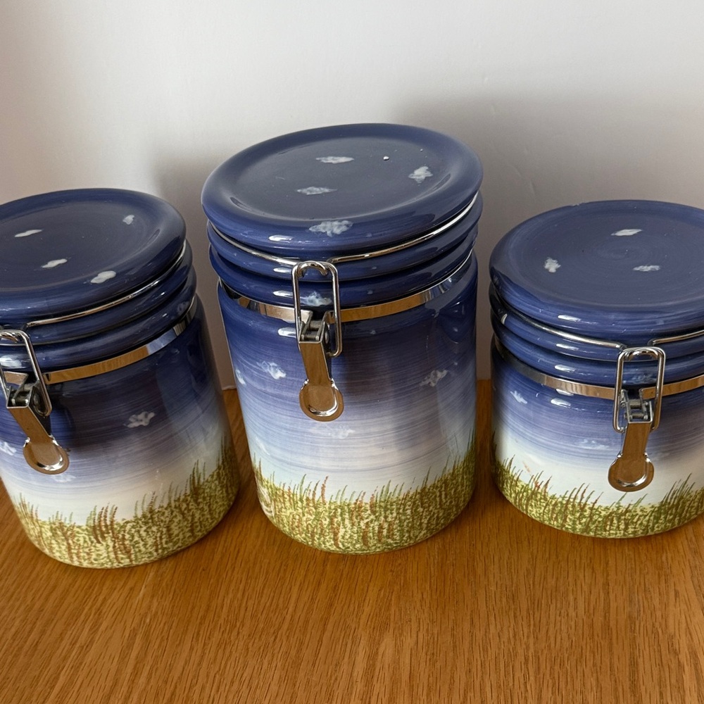 Lefton 2000 - Set of 3 Nautical Lighthouse Ceramic Canisters - Blue